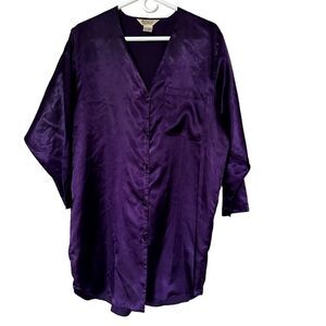 VNTG Romantic Moods Dark Purple Silk Like Long Sleeve Button Down Sleep Shirt- M